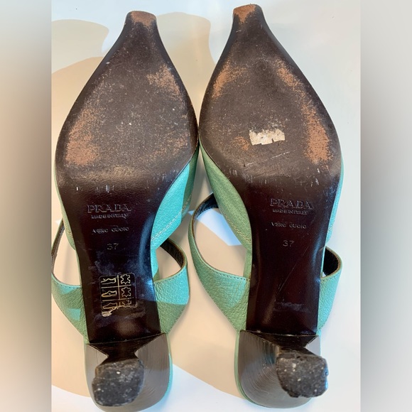 Genuine PRADA light green leather floral MULES 2” kitten heel sz 37 US 6.5-7 - Picture 7 of 16